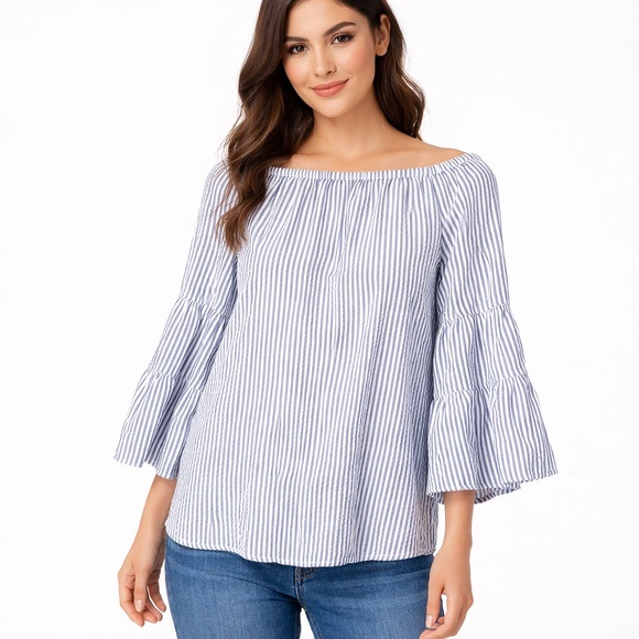 Liz Claiborne Tops - Liz Claiborne Seersucker Blue White Stripe Boat Neck Bell Sleeve Blouse